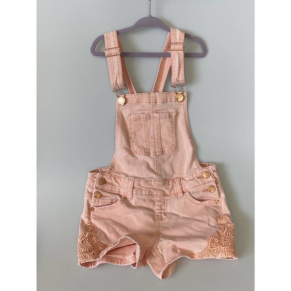 Justice Overalls Shorts Denim Lightly Distressed Peach Color buckles Girls 8 - Picture 12 of 13